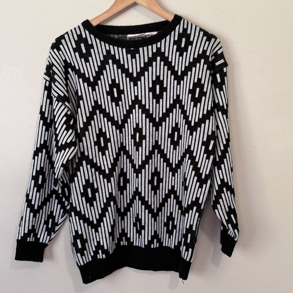 Vintage Eber International Black White Geometric Knit Sweater 80s 90s Oversized